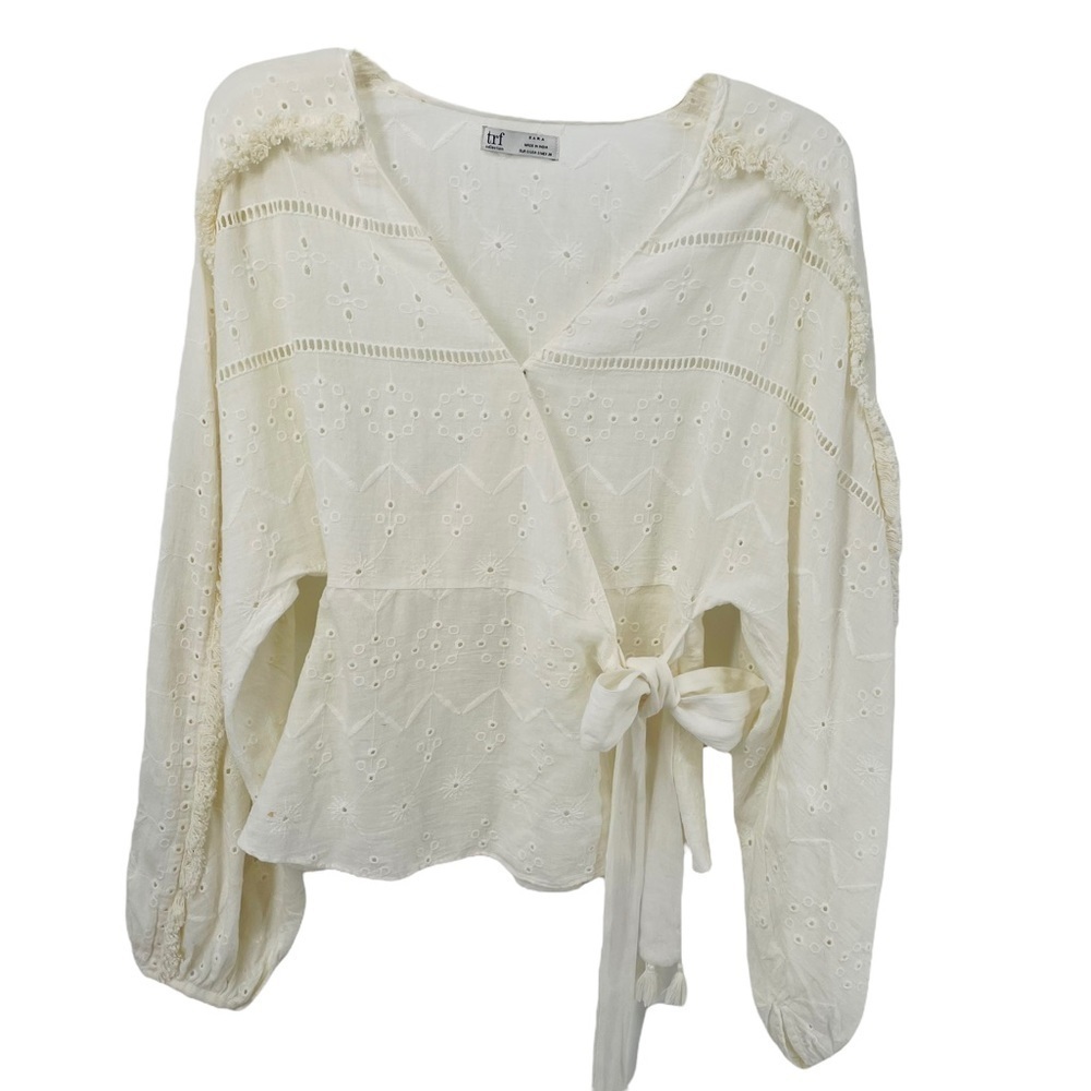 Zara Trf Collection Off-White Sheer Eyelet Fringe Wrap Boho Blouse - Sz S
